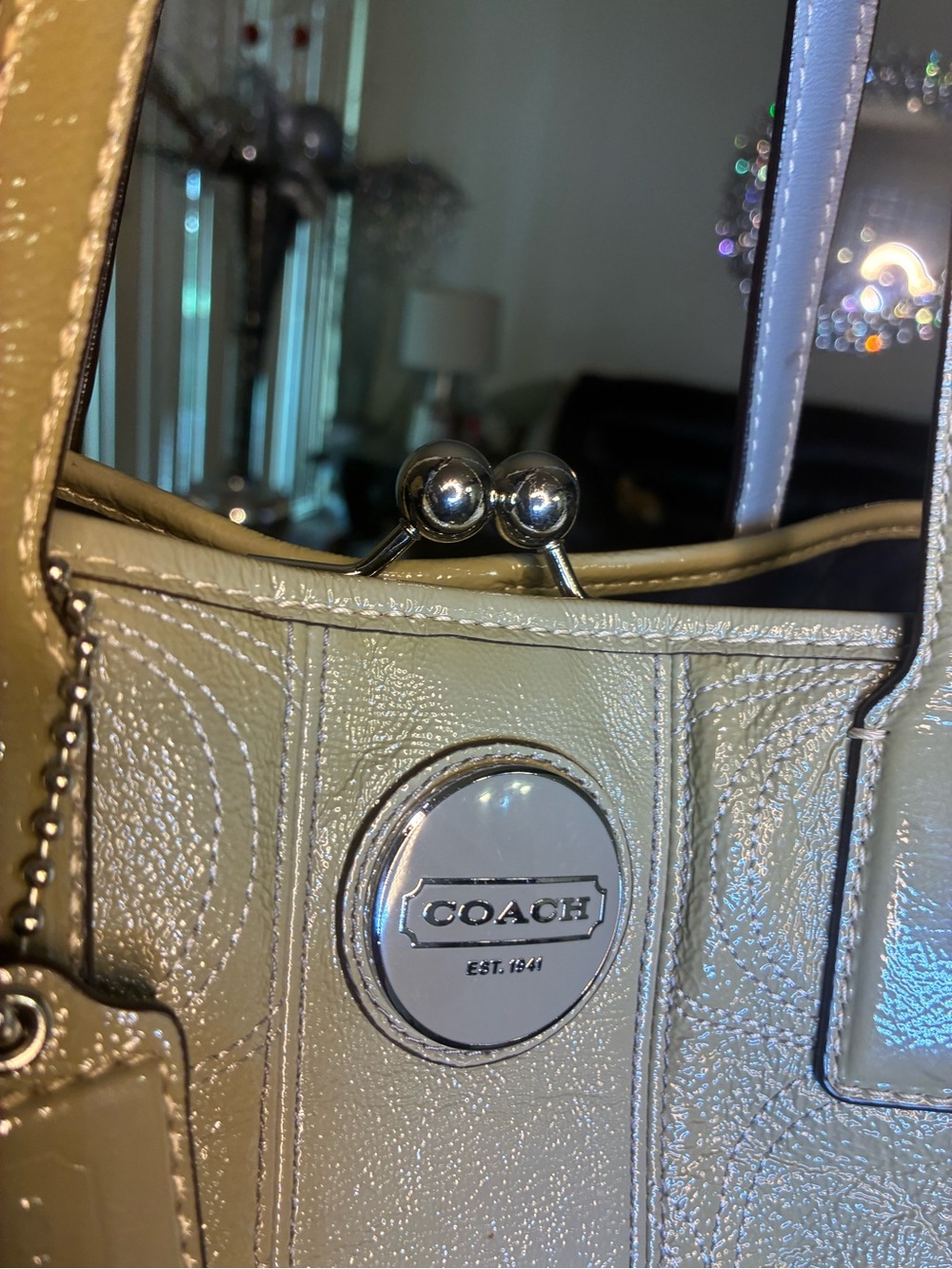 Coach Kiss-lock Patent Leather Tote, khaki Green - Picture 5 of 16